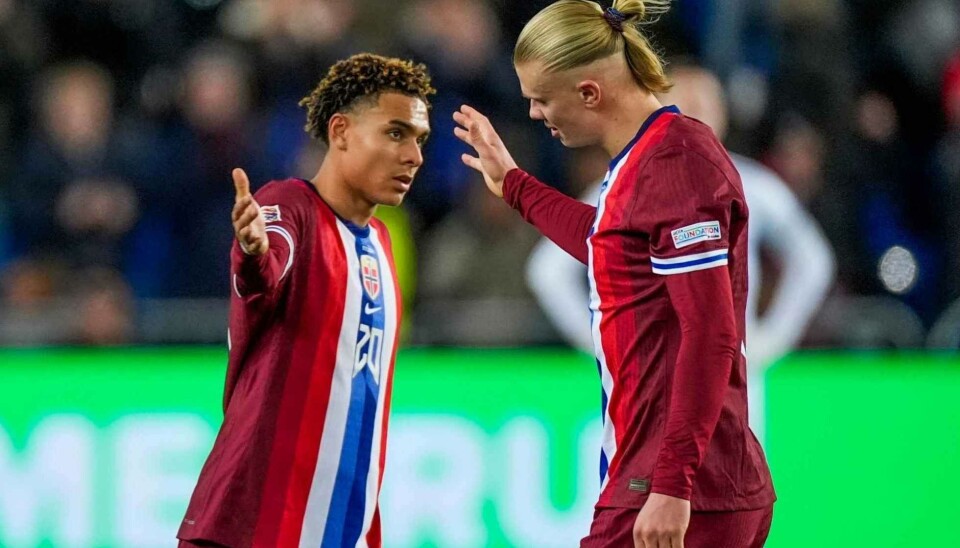 Festkveld: Norges Antonio Nusa og Erling Braut Haaland under fotballkampen i nasjonsligaen mellom Norge og Kasakhstan på Ullevaal Stadion. Foto: Terje Pedersen/NTB