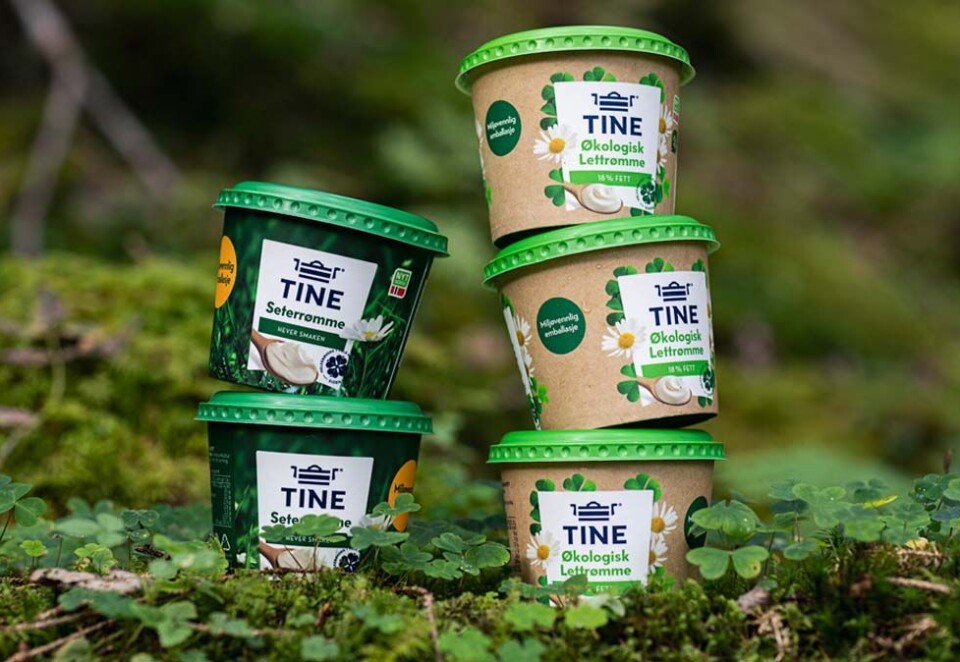 Fra plast til papp: Tine har lenge gått i bresjen for å endre matbransjens bruk av unødvendig plast. Her de nye pappbegrene som Tine lanserte for rømme. Nå går meiergiganten til topps på en ny kåring.. - Forbrukerne mener Tine er det mest bærekraftige merket i Norge i 2021, sier Johanna Ekman, norgessjef i Sustainable Brand Index.