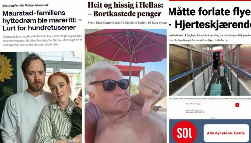 Populære: Disse tre sakene, fra henholdsvis TV 2 (f.v), VG og Dagbladet er blant de mest leste sakene i sommer. Disse tre sakene, fra TV 2 (f.v), VG og Dagbladet er blant de mest leste sakene denne sommeren.