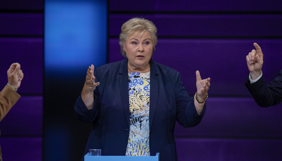 Høyre-leder Erna Solberg under NRKs partilederdebatt på Kuben videregående skole.