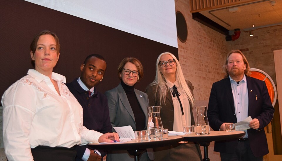 Nykommere og veteraner: Siren Jensen (MDG), Hashim Abdi (Ap), Tone Trøen (H), Åslaug Sem-Jacobsen (Sp) og Morgan Langfeldt (Frp) på Pressens hus.